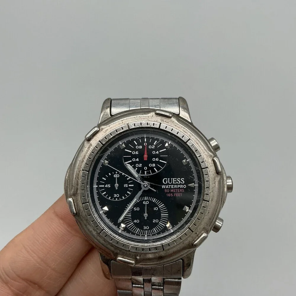 Vtg Guess Waterpro Mens Watch 40mm Black Dial Stainless Chrono New Battery 6.75